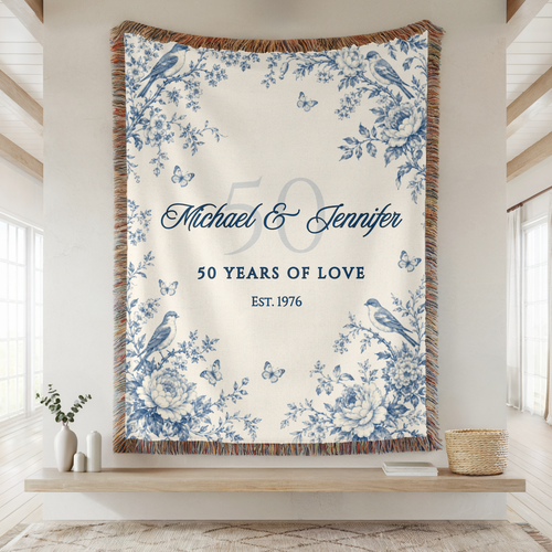 Personalized 50th anniversary woven blanket with custom couple names and established year