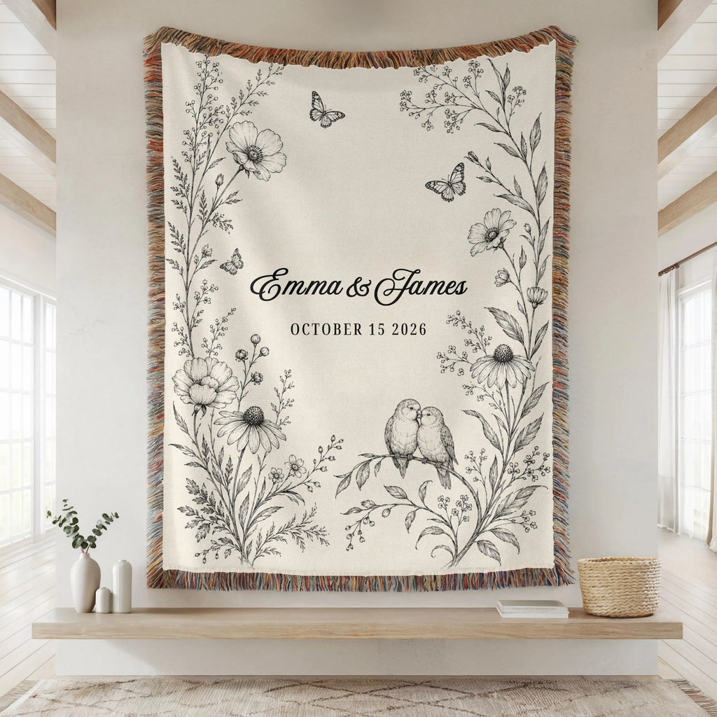 Personalized Anniversary Woven Blanket with Names & Date | Floral Couple Blanket | Wedding & Anniversary Gift