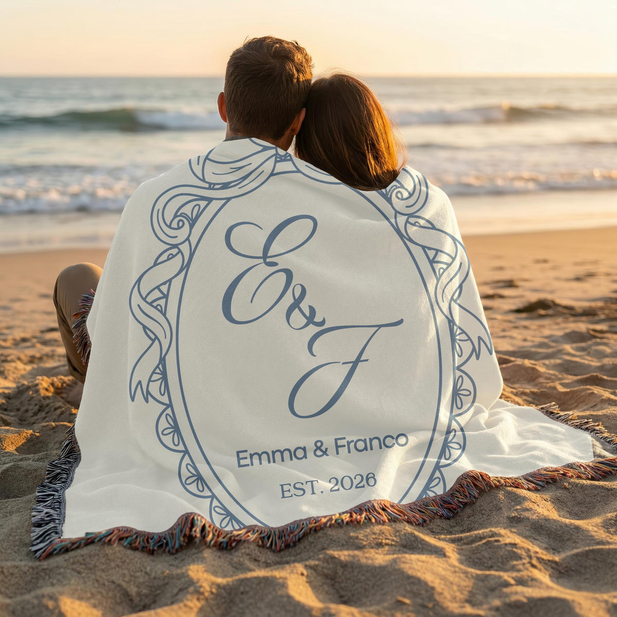 Custom couple wedding woven blanket with names and established year at the beach