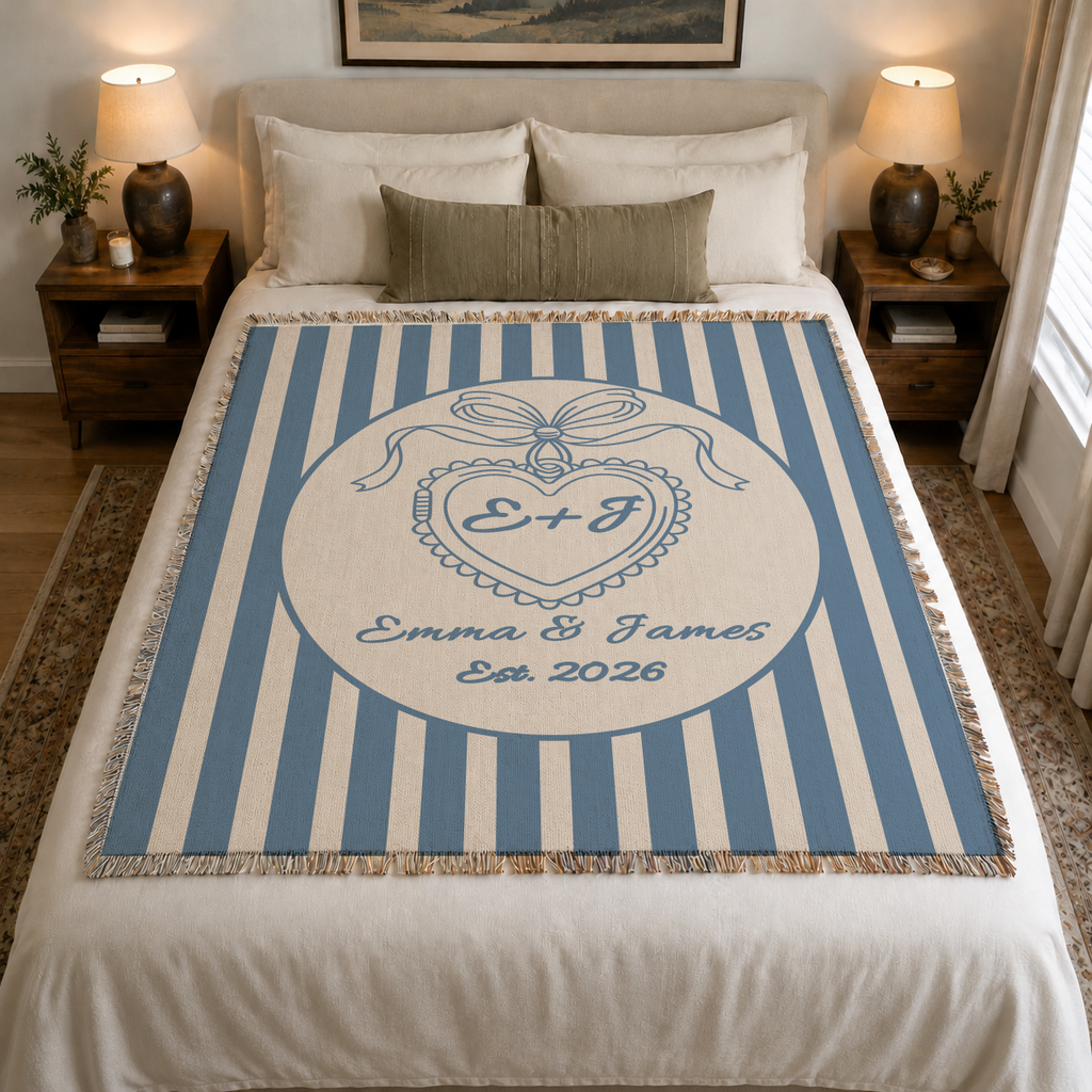 Personalized blue wedding woven blanket with heart monogram styled on a neutral bedroom bed