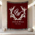 Personalized burgundy monogram wedding woven blanket with custom couple names and established year