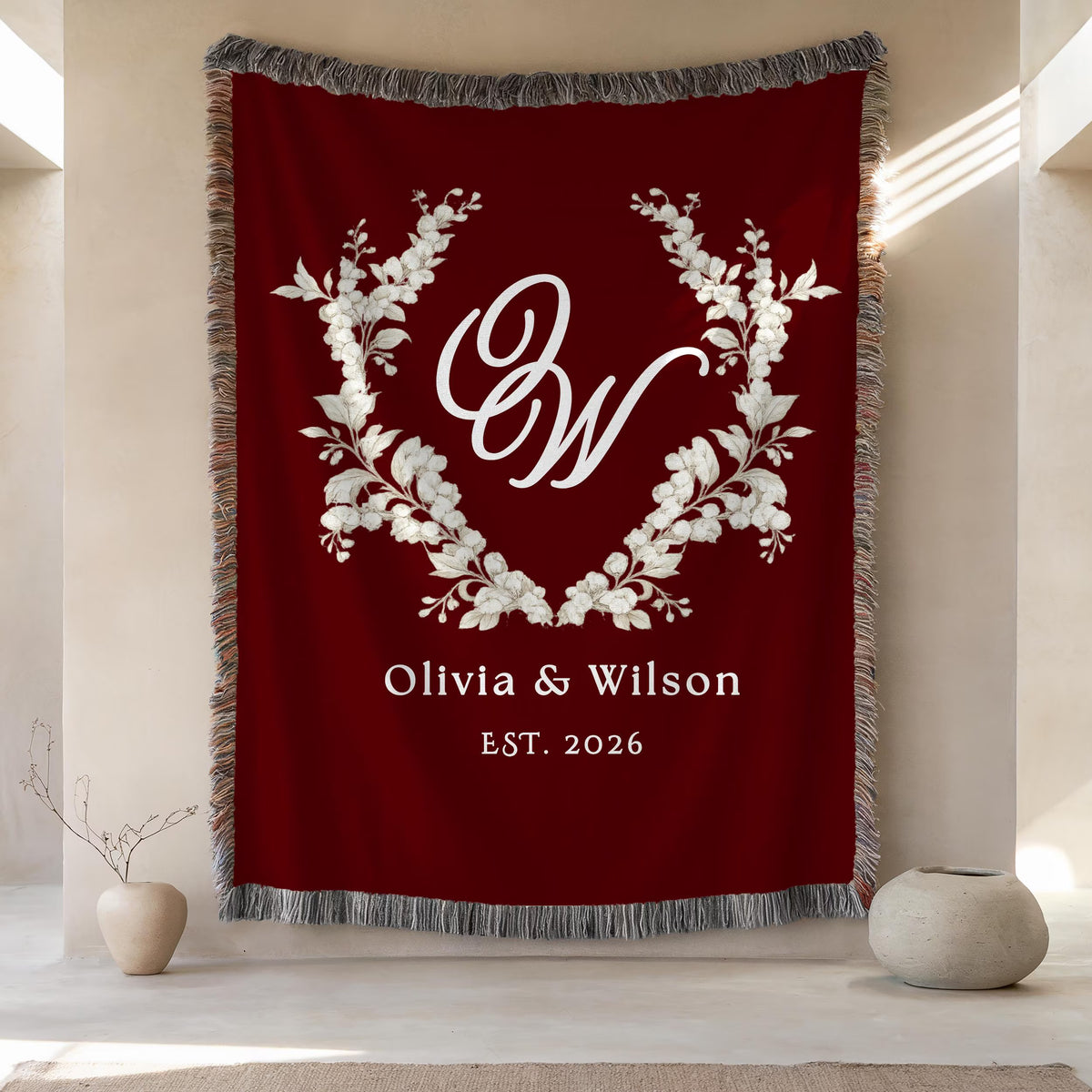 Personalized burgundy monogram wedding woven blanket with custom couple names and established year