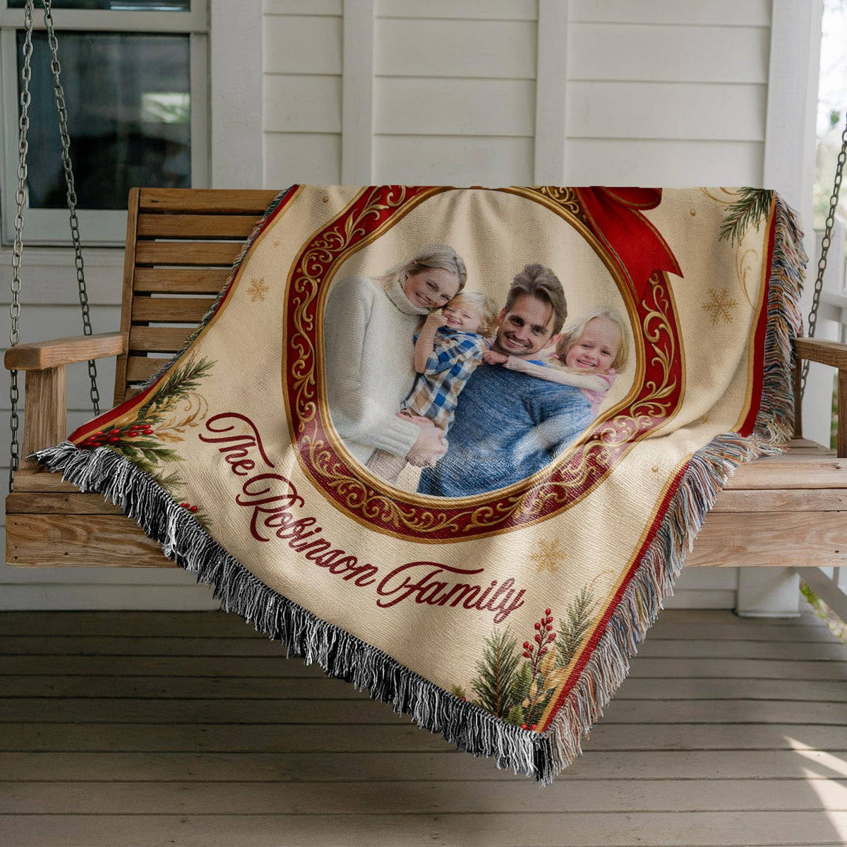 Personalized Christmas photo woven blanket with custom family picture and ornament design