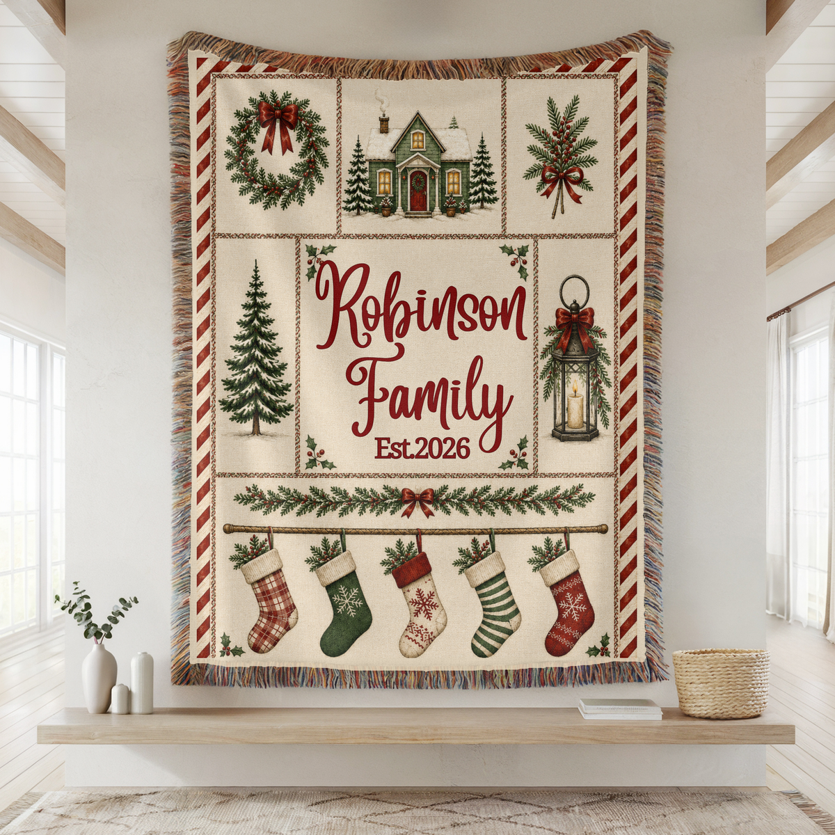 Personalized Christmas stocking woven blanket with custom family holiday design