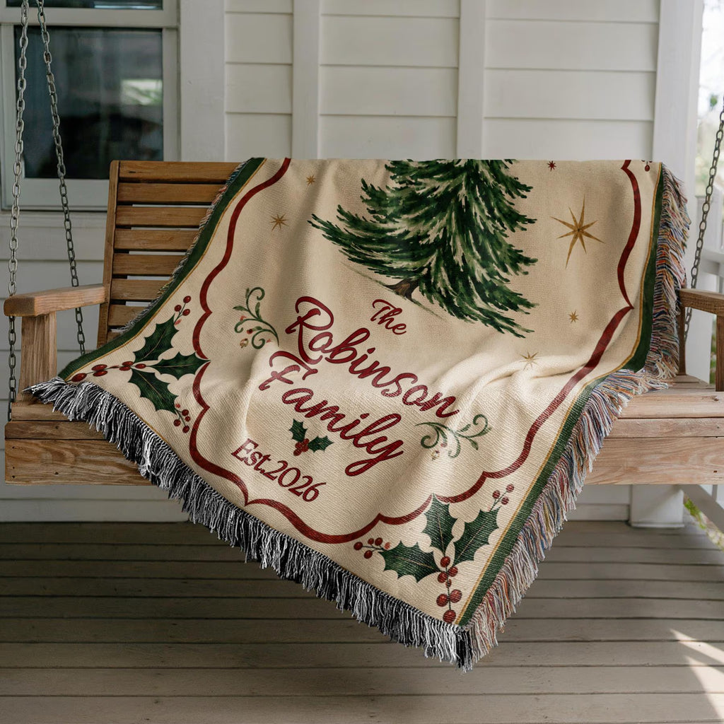 Personalized Christmas tree woven blanket with custom family name for holiday gifting