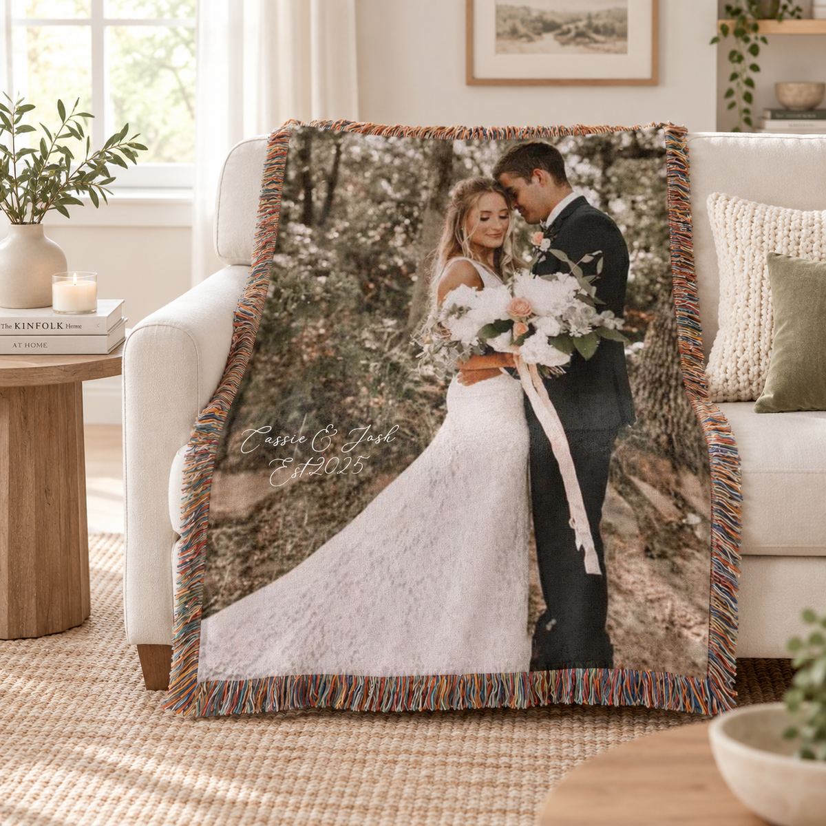 Personalized couple photo woven blanket styled in a cozy bedroom for wedding or anniversary gift