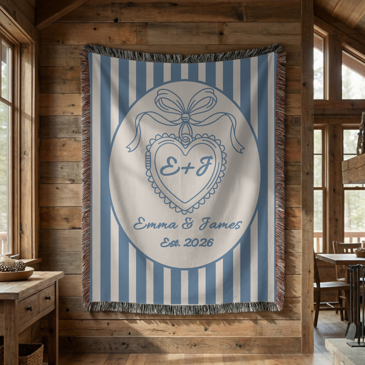 Personalized couple wedding woven blanket with custom names displayed as wall decor