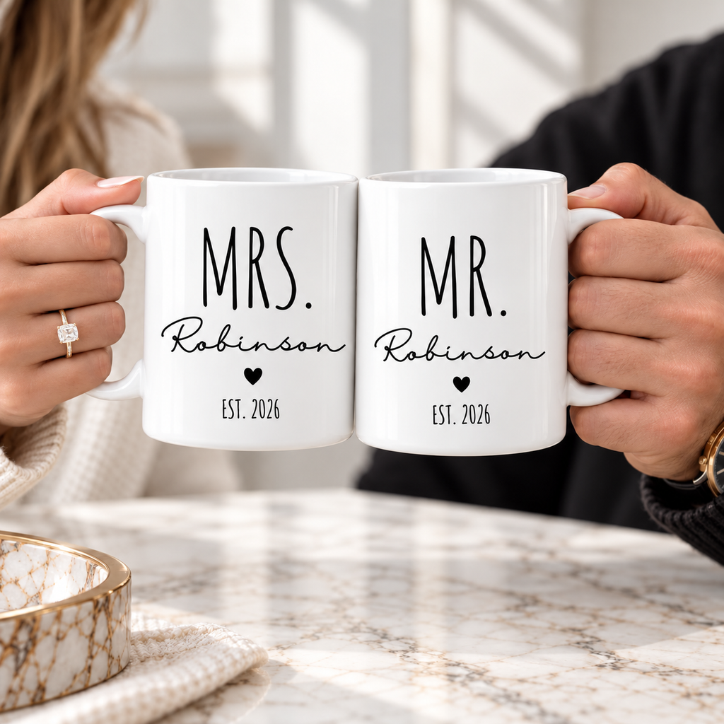 Personalized couples Mr and Mrs mugs in white and black styles for weddings and anniversaries
