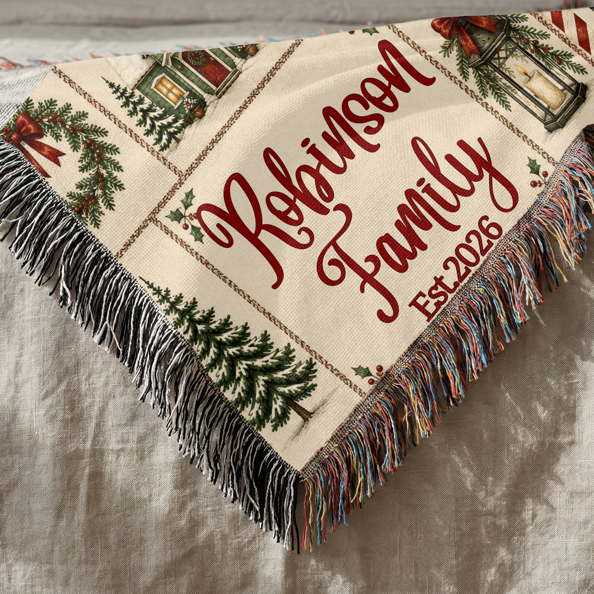 Personalized family Christmas stocking woven blanket displayed for holiday decor