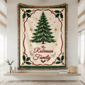 Personalized family Christmas woven blanket with custom family name and Christmas tree design
