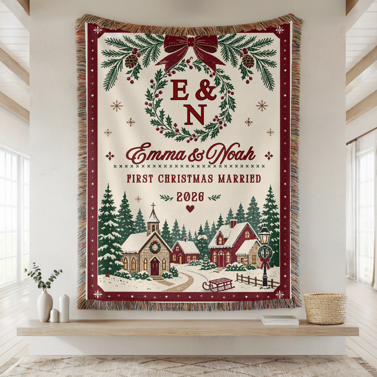 Personalized First Christmas Married woven blanket with custom couple names and Christmas village design