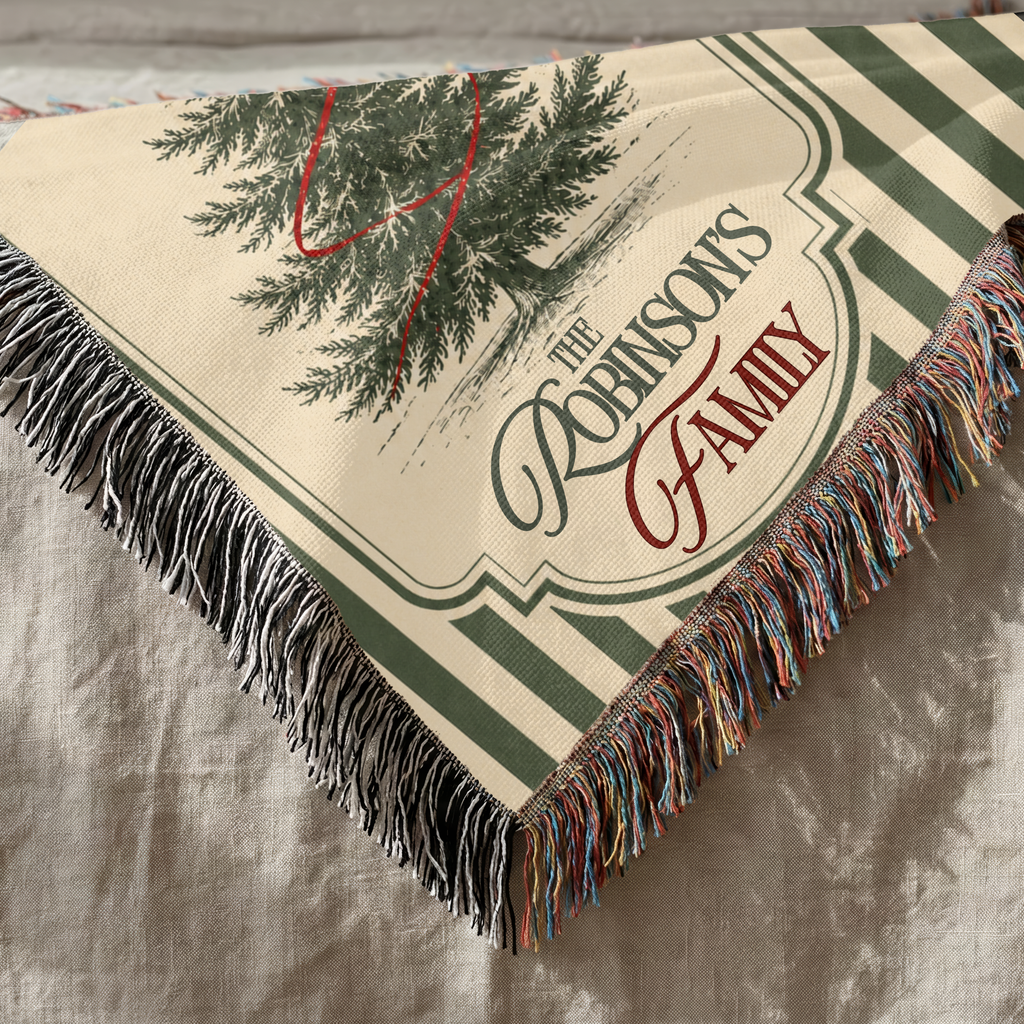 Personalized green stripe Christmas blanket showing custom family design and woven texture