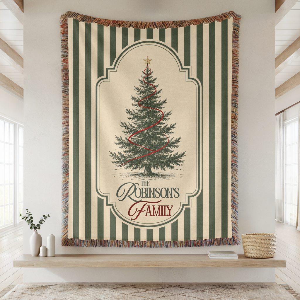 Personalized green stripe Christmas woven blanket with custom family name and tree design
