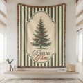Personalized green stripe Christmas woven blanket with custom family name and tree design