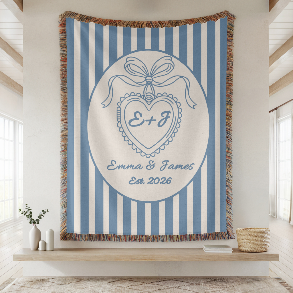 Personalized heart monogram wedding woven blanket with custom couple names and established year