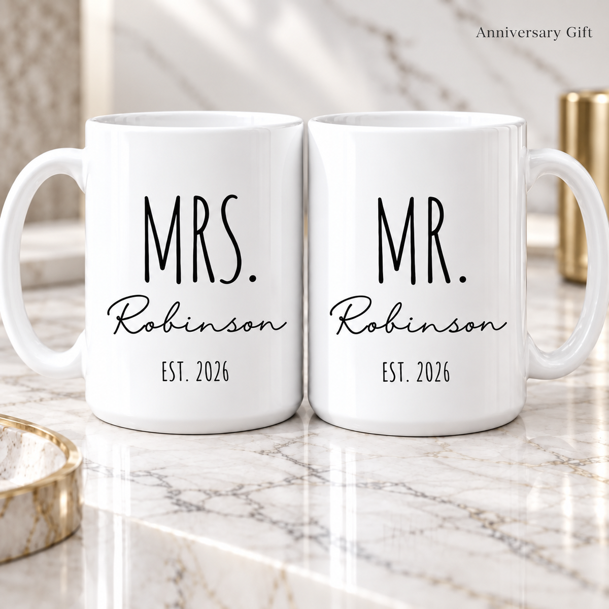 Personalized Mr and Mrs all-white ceramic mugs with custom last name and established date