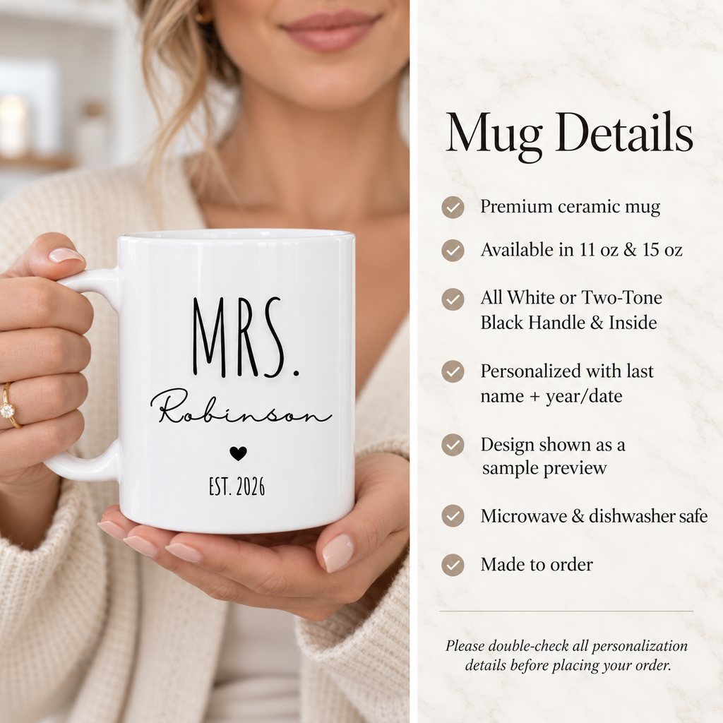 Personalized Mr and Mrs ceramic mug details showing custom name design and product features
