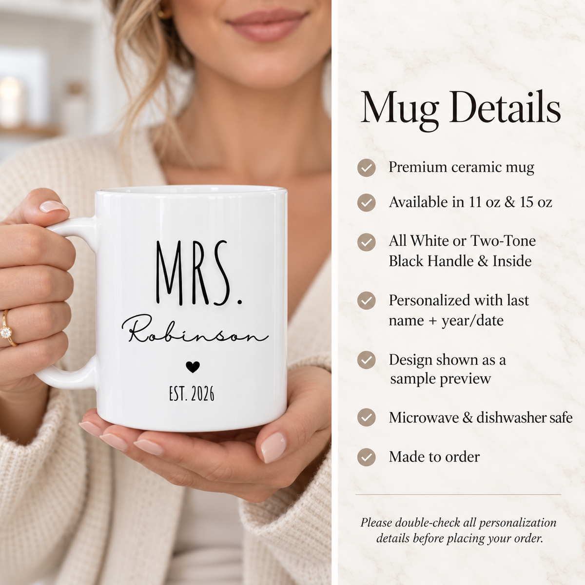 Personalized Mr and Mrs ceramic mug details showing custom name design and product features