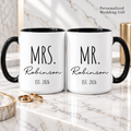 Personalized Mr and Mrs two-tone black ceramic mug with custom last name and established date