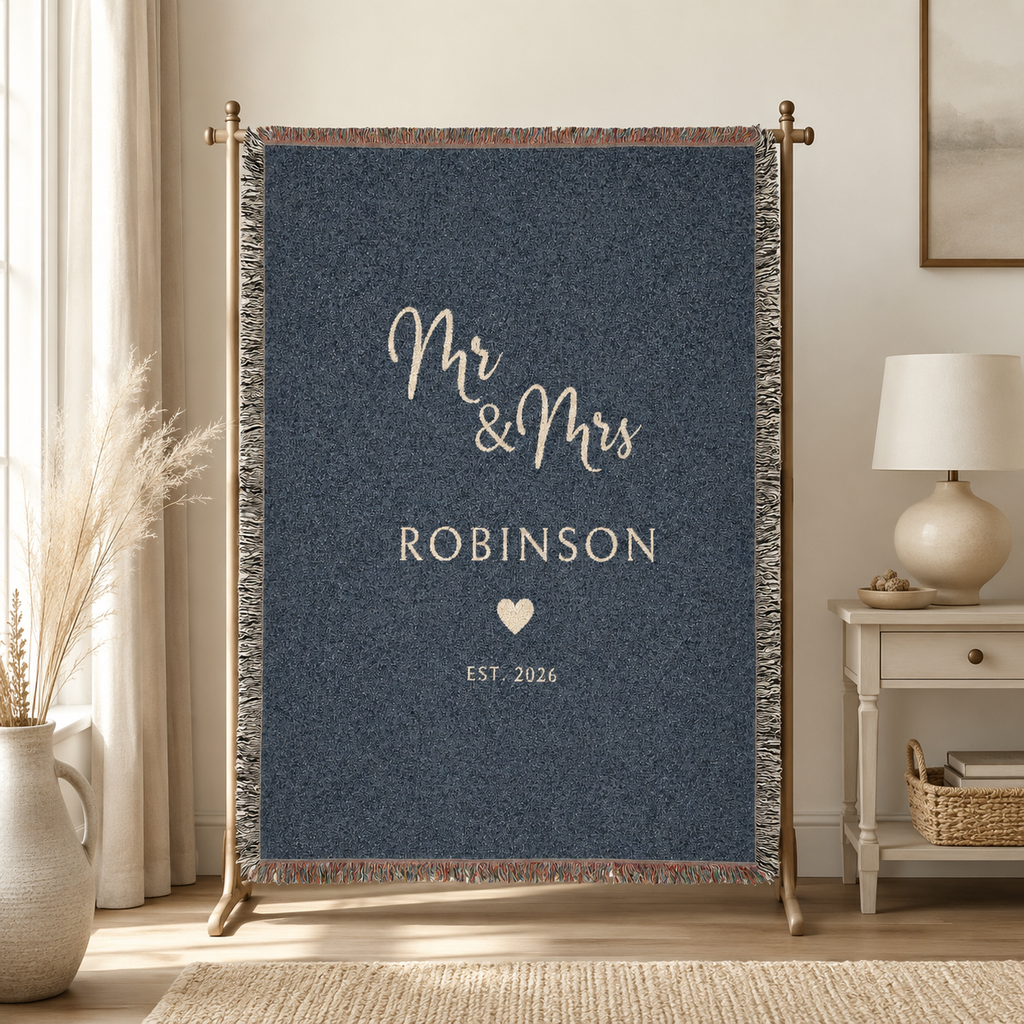 Personalized Mr and Mrs wedding woven blanket with custom family name and established year