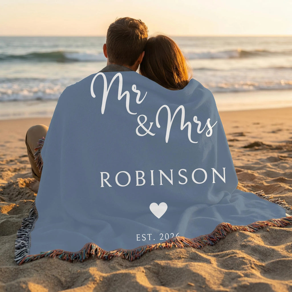 Personalized blue Mr and Mrs woven blanket for wedding or anniversary gift