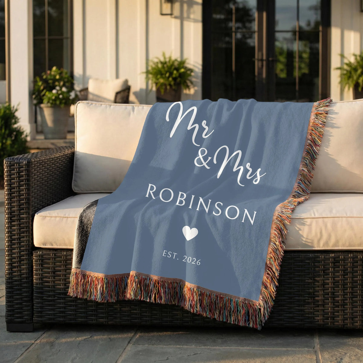 Custom family name woven blanket for newlywed couple