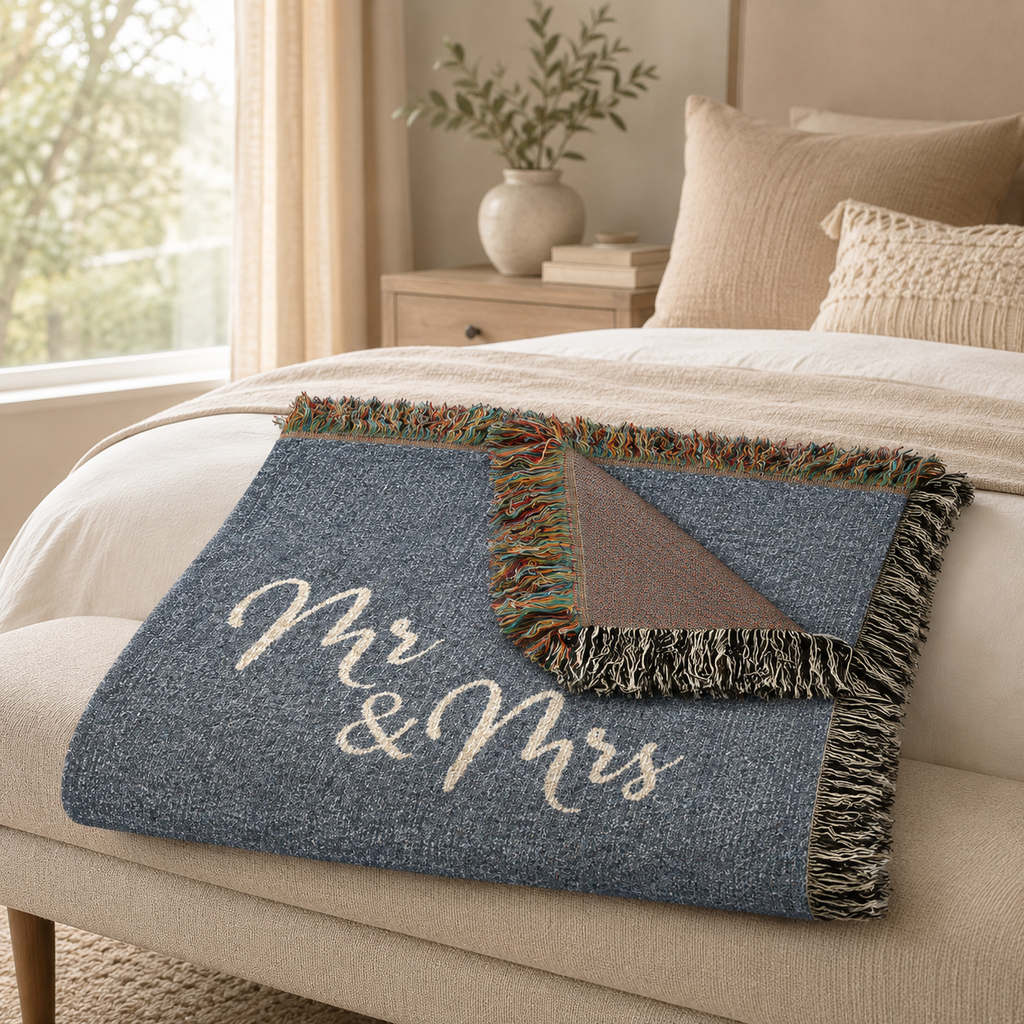Personalized Mr and Mrs woven blanket with custom last name and established year
