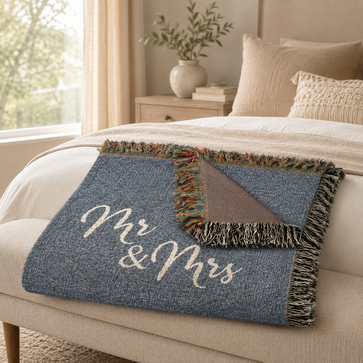 Personalized Mr and Mrs woven blanket with custom last name and established year