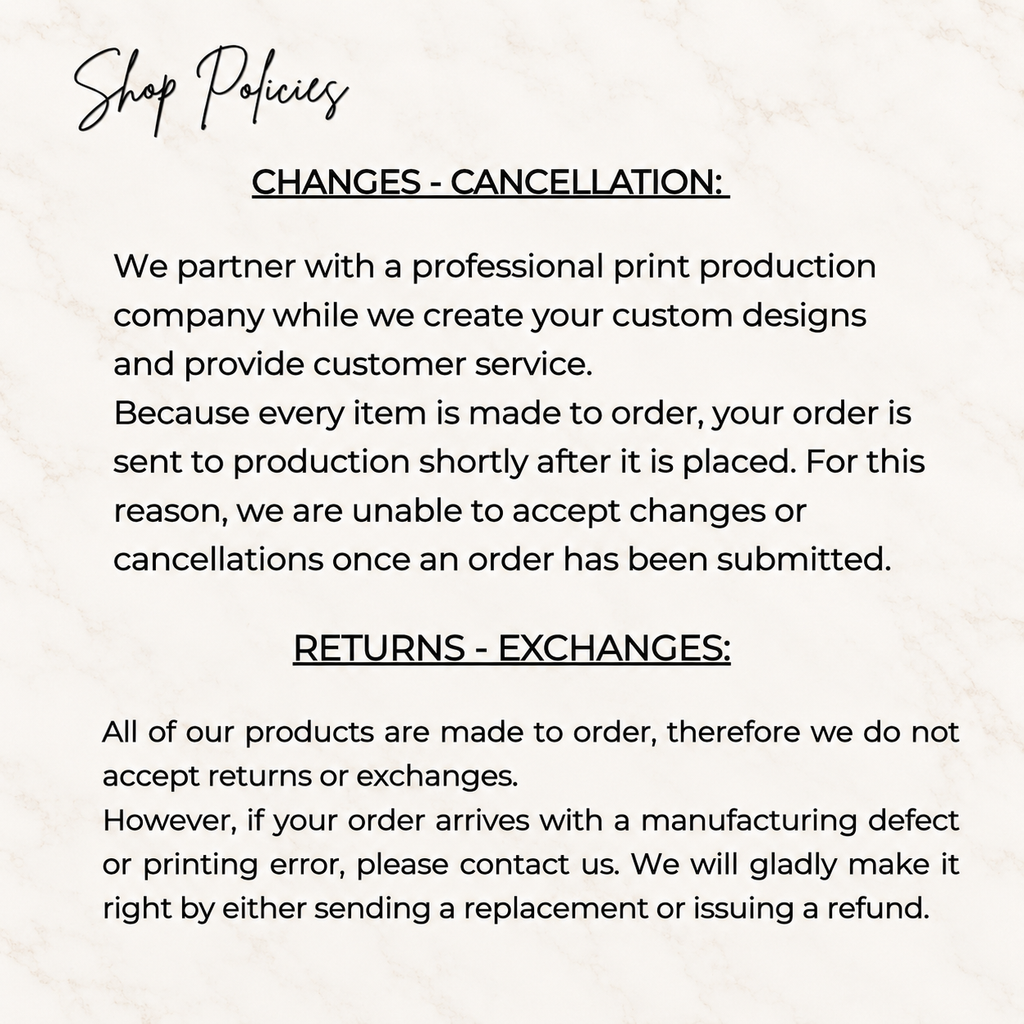 LAMIA shop policies for personalized custom mugs and made-to-order gifts