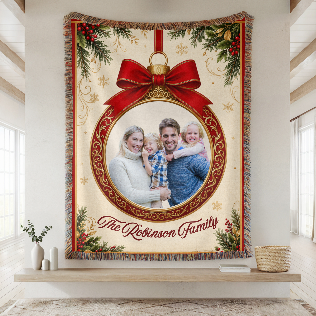 Personalized photo ornament Christmas woven blanket with custom family photo and holiday text