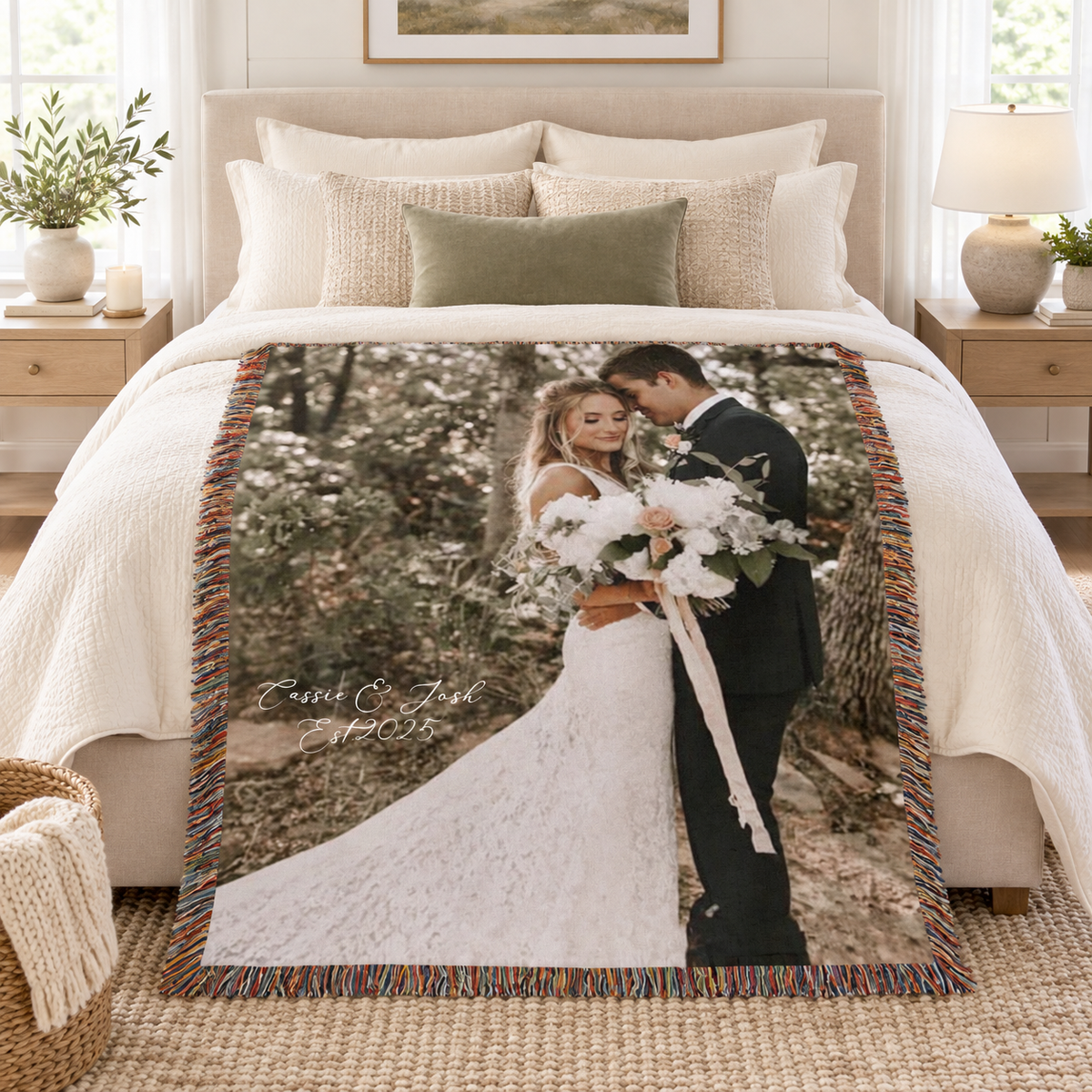 Personalized wedding photo blanket draped on a sofa with custom couple names