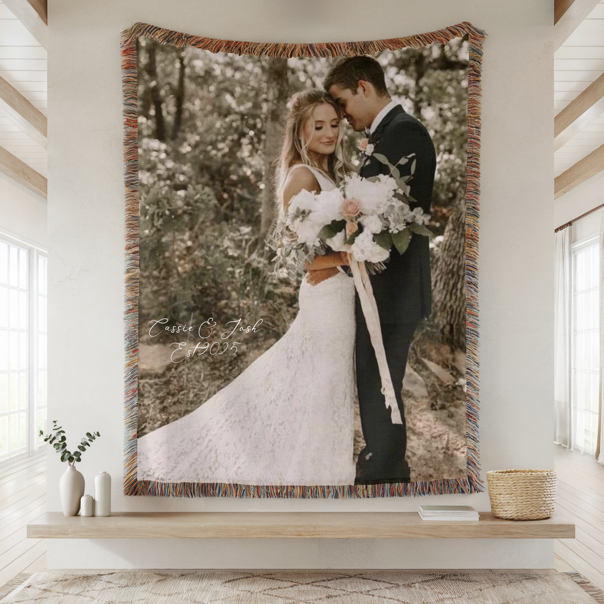 Personalized wedding photo woven blanket with couple photo, names and established year