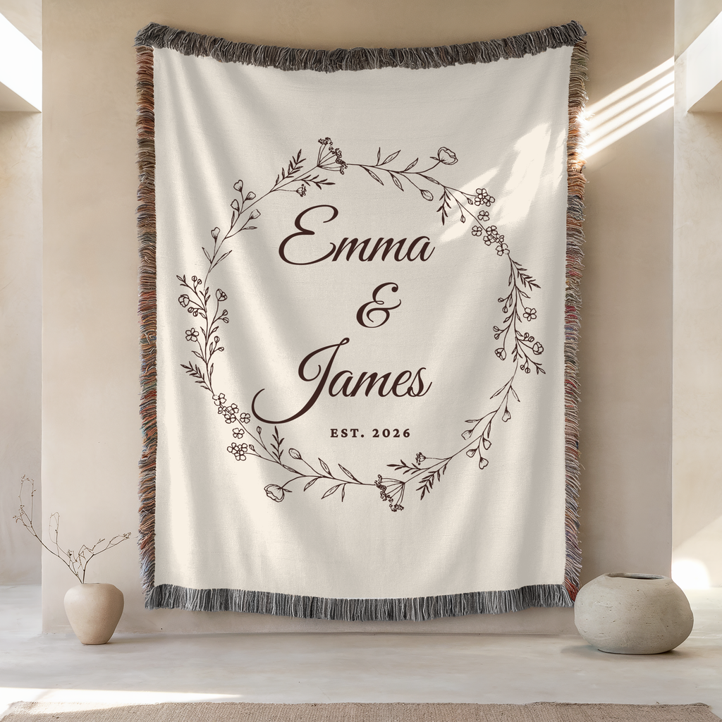 Personalized wedding woven blanket with custom couple names and established year