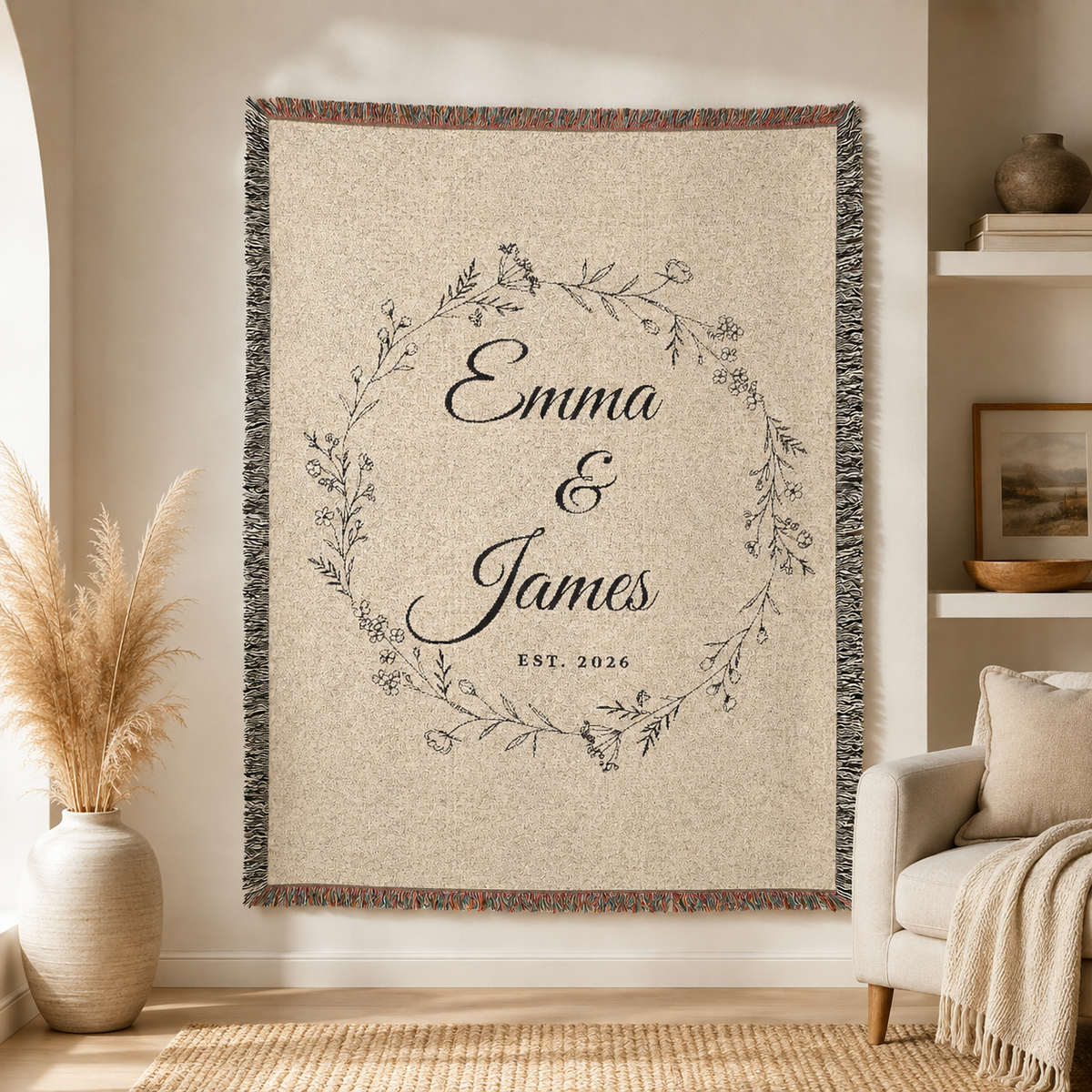 Personalized wedding woven blanket with custom couple names and established year displayed as wall decor