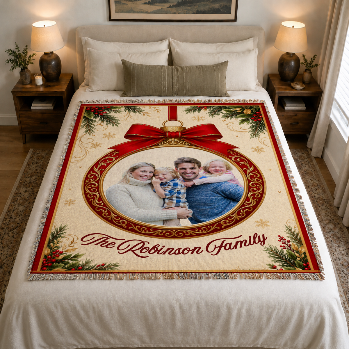 Personalized photo Christmas woven blanket styled on a bedroom bed