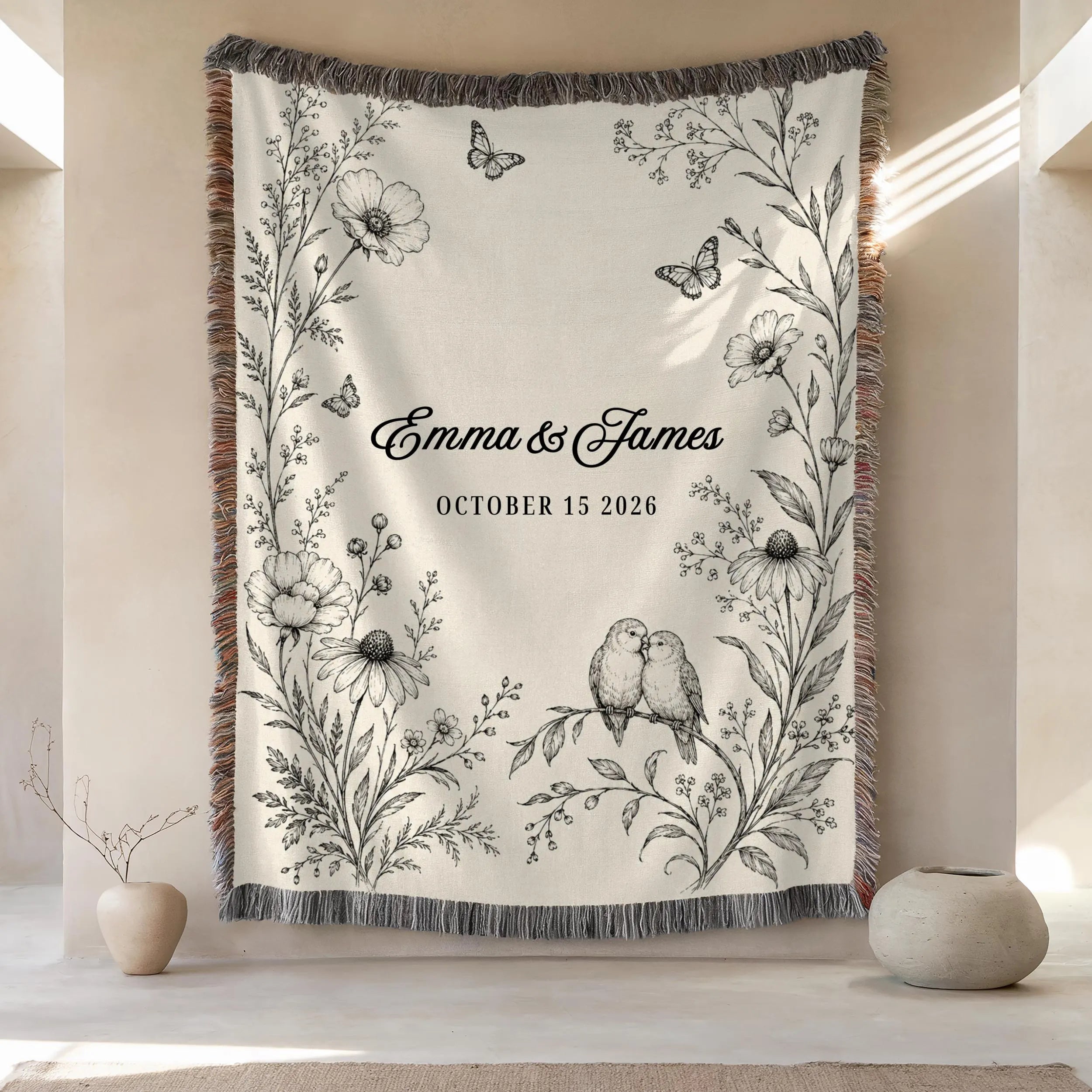 Personalized Anniversary Woven Blanket with Names & Date | Floral Couple Blanket | Wedding & Anniversary Gift
